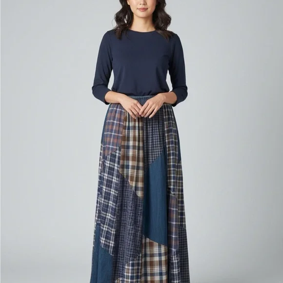 Patchwork Plaid Maxi Skirt in Navy and Brown - Picture 1 of 4